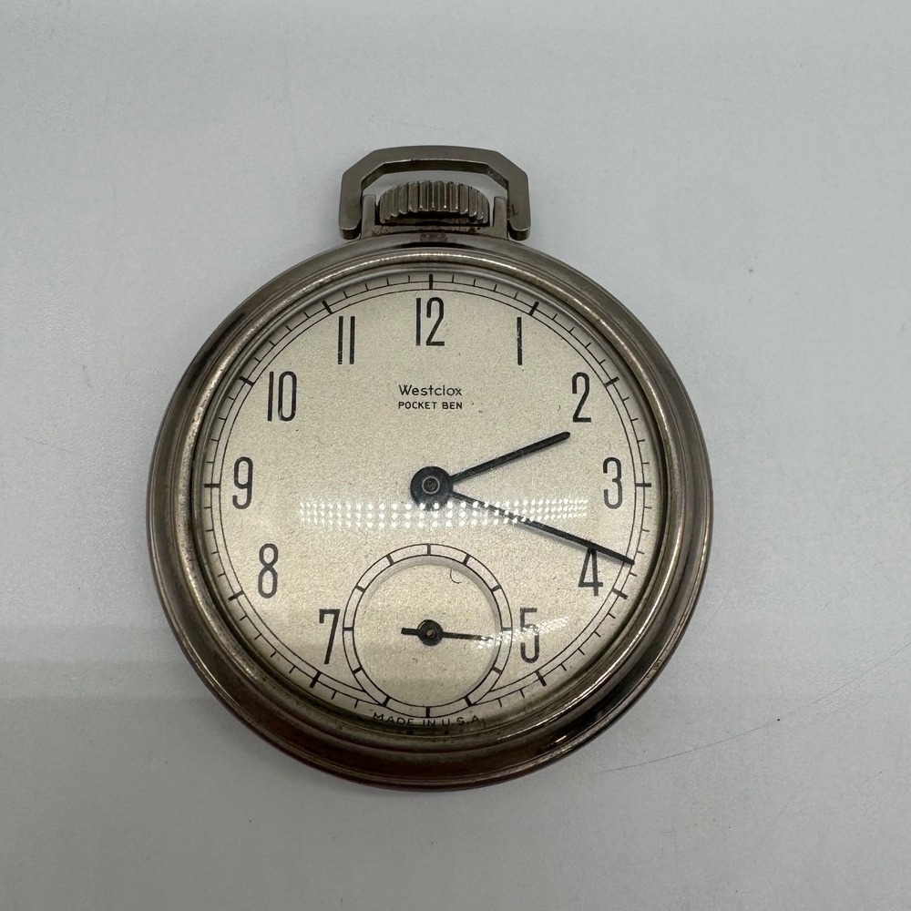 Vintage Westclox Pocket Ben Mechanical Pocket Watch Silver Tone Working Made USA